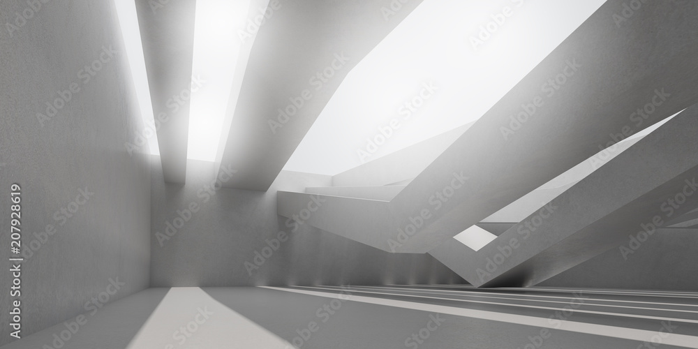 Poster 3d stimulate of concrete interior space with sun light cast the roof shadow on the wall and floor,pe
