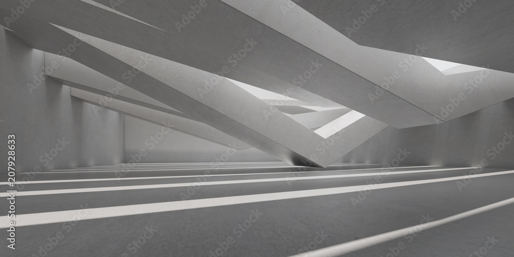 Poster 3d stimulate of concrete interior space with sun light cast the roof shadow on the wall and floor,pe