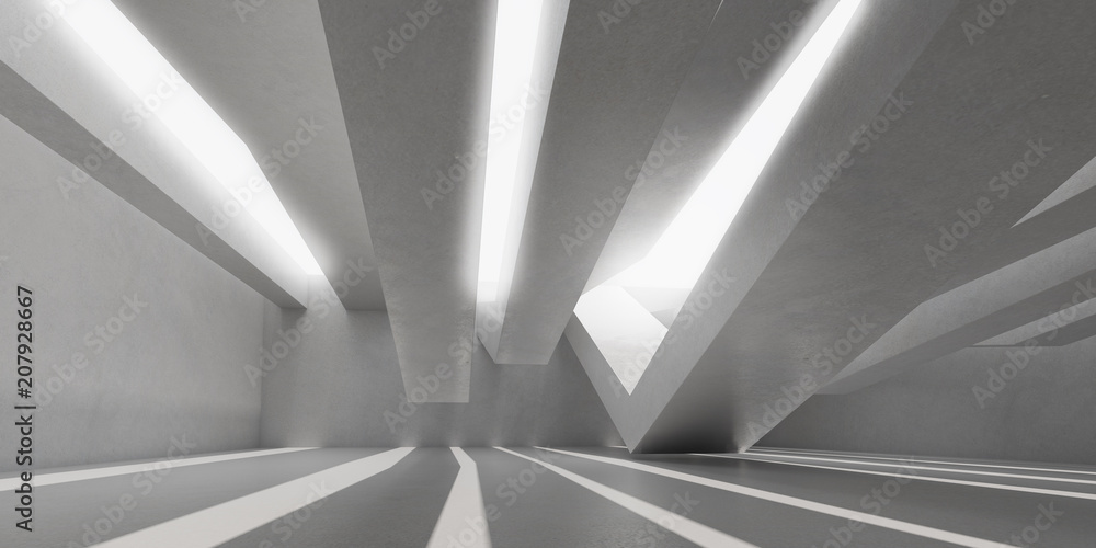 Poster 3d stimulate of concrete interior space with sun light cast the roof shadow on the wall and floor,pe