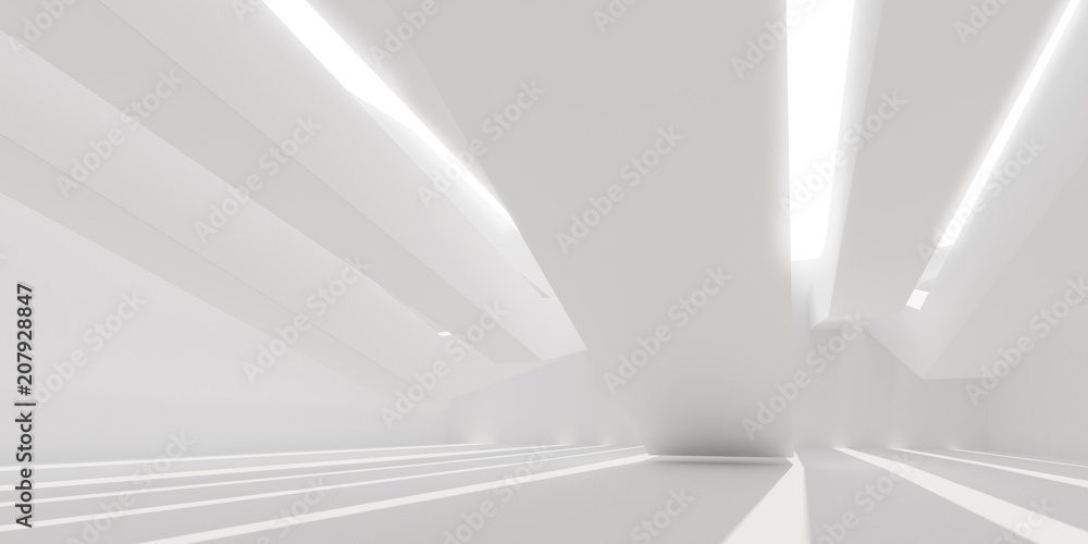 Poster 3D stimulate of white interior space with sun light cast the roof shadow on the wall and floor,Perspective of minimal design architecture,3d rendering	