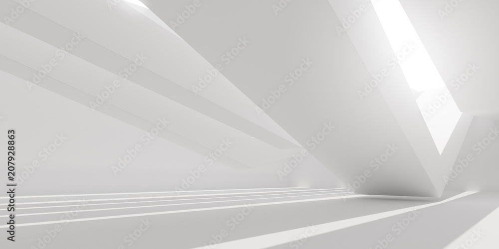 Wall mural 3d stimulate of white interior space with sun light cast the roof shadow on the wall and floor,persp