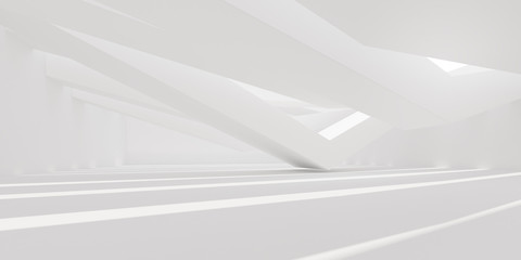 3D stimulate of white interior space with sun light cast the roof shadow on the wall and floor,Perspective of minimal design architecture,3d rendering	