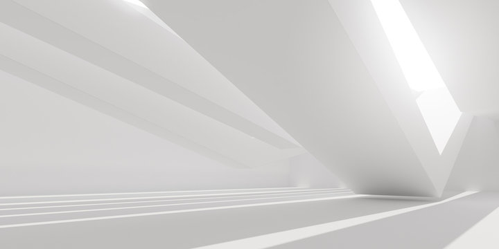 3D stimulate of white interior space with sun light cast the roof shadow on the wall and floor,Perspective of minimal design architecture,3d rendering	