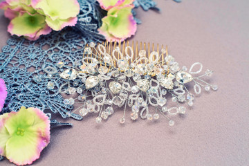 Wedding hair jewelry, crystal and rhinestone comb, sewing accessories and delicate lace