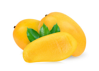 ripe mango with leaf on white background