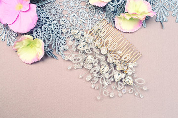 Wedding hair jewelry, crystal and rhinestone comb, sewing accessories and delicate lace