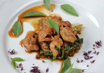 hot spicy chicken with basil thai food