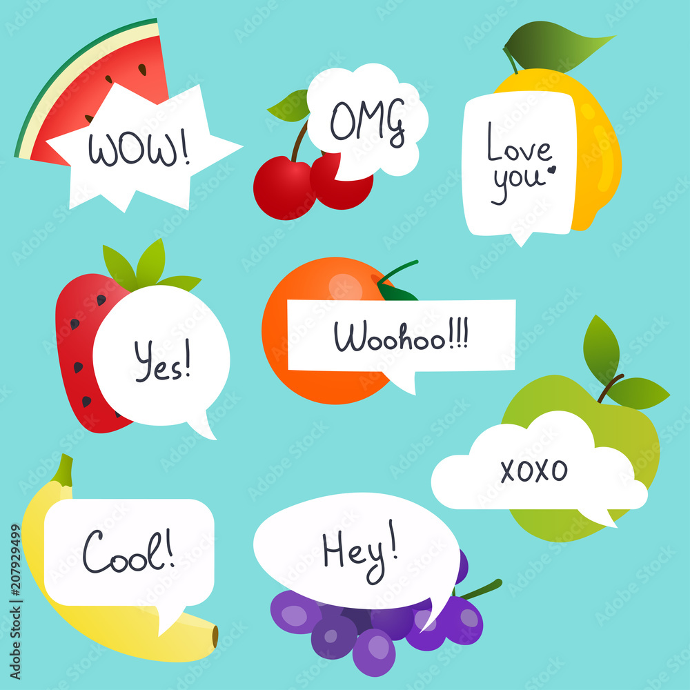 Aufkleber fruits with speech bubble set in flat design with short messages.