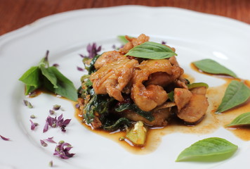 hot spicy chicken with basil thai food