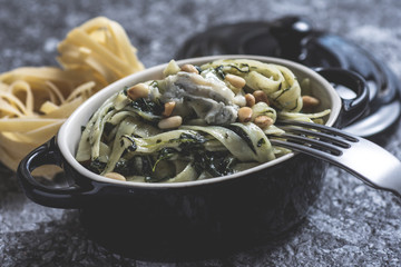 Pasta Tagliatelle with Spinach, Pine Nuts and Gorgonzola Cheese