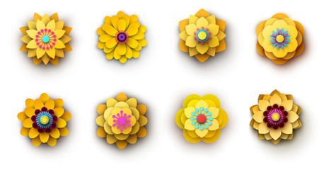 Bright yellow 3d flowers isolated on white.