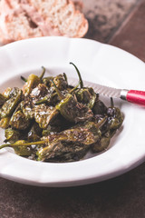 Green Padron Peppers with Olive Oil in Rustic White Plate. Pimientos de Padron.