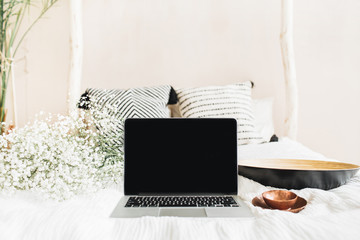 Freelancer workspace. Front view mock up template. Blog hero header concept.