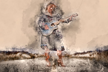 Obraz premium Watercolour painting of Young happy woman standing in middle of a road and playing guitar
