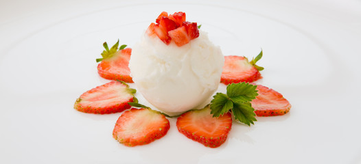 Ice cream with Strawberry on white background.