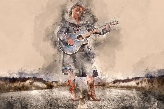 Watercolour painting of Young happy woman standing in middle of a road and playing guitar © Stephen Davies