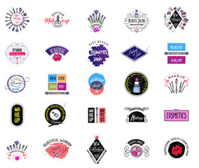 Cosmetics logo set, handwritten lettering .Makeup studio, Web elements for a blog, a business card site.