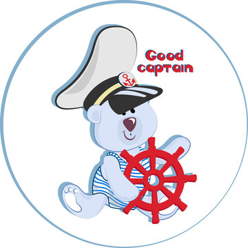 GOOD CAPTAIN. Funny polar bear-kid. Emblem for children's textiles, for children's albums, packaging of toys with marine themes. Time of adventure and sea travel.