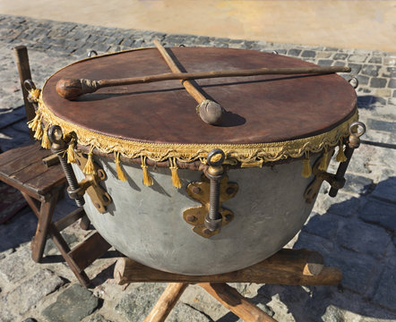 Old Ukrainian ethnic Cossack drum close-up