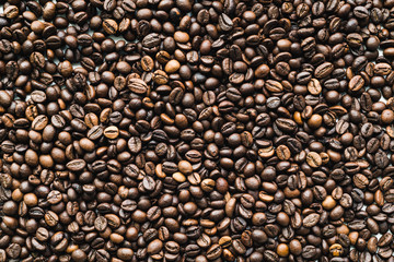 Top view of the surface with coffee beans