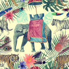Seamless watercolor pattern with elephant, tigers, leaves, flowers.