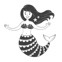 Black and white mermaid on white background. Vector illustration.