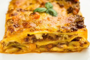 Italian Lasagna with Minced Beef, Bolognese Sauce and Basil on White Plate