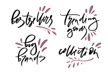 Vector illustration of lettering or calligraphy of words bestsellers big brands trending goods collection. Banner for homepage, email, print, element of design,  logotype, text for clothes shop