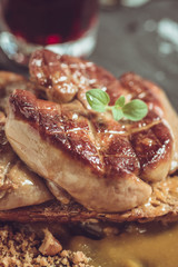 French Cuisine Fried Foie Gras with Mango Puree on Dark Background