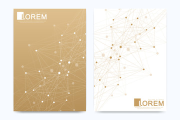 Modern vector template for brochure Leaflet flyer advert cover banner magazine or annual report A4. Business, science, medical design book layout. Golden cybernetic dots. Lines plexus. Card surface