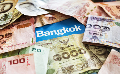 Thailand bath paper banknotes and Bangkok city name in the midle