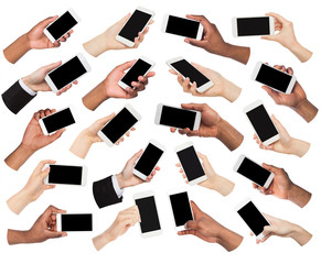 Obraz na płótnie Canvas Collage of multiethnic hands holding mobile, isolated on white