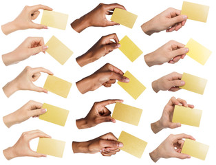 Collage of diverse hands holding blank business cards, isolated
