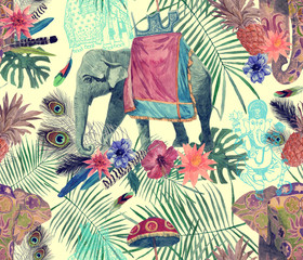 Seamless exotic watercolor pattern with elephants, flowers, leaves, feathers, ganesha.