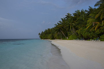 Panoramic view of a wild tropical beach in southern part of Maldives in sunny day.