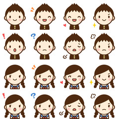 Isolated set of cute junior high school student boy & girl avatar expressions