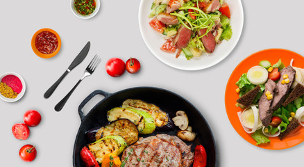Set of healthy restaurant dishes, top view