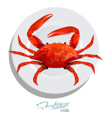 Crab on the plate in cartoon style. Seafood product design. Inhabitant wildlife of underwater world. Edible sea food. Vector illustration