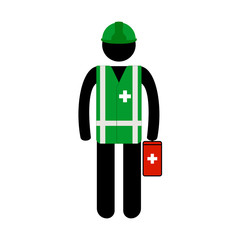 Vector pictogram site doctor in green vest and helmet with first aid kit box