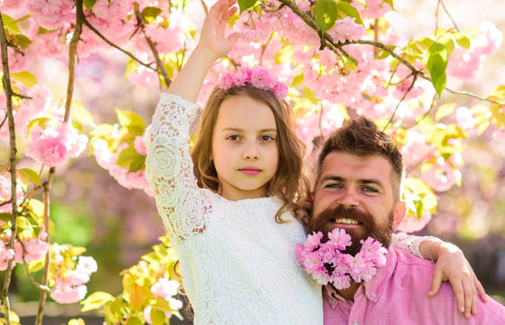 Girlish leisure concept. Girl with dad near sakura flowers on spring day. Child and man with tender pink flowers in beard, wreath on head. Father and daughter on happy faces hugs, sakura background.