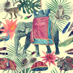 Motif aquarelle sans couture avec éléphant, vache, singes, paons, feuilles, fleurs.