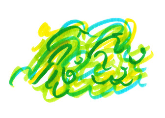 Pile of abstract wakame seaweed painted in highlighter markers on clean white background