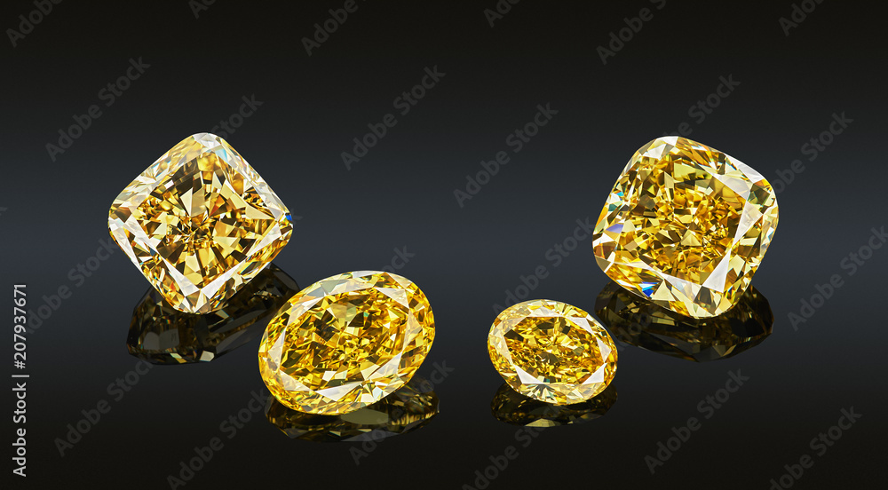 Wall mural set of luxury yellow transparent sparkling gemstones of various cut shape diamonds collage isolated 