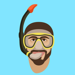  man face in diving mask and snorkel flat style