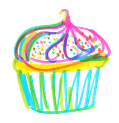 Illustration of a bright colorful abstract cupcake with swirl of cream and sprinkles painted in highlighter markers on clean white background