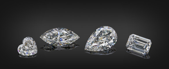 Set of luxury colorless transparent sparkling gemstones of various cut shape diamonds collage...
