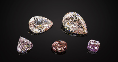 Set of luxury pink and purple transparent sparkling gemstones of various cut shape diamonds collage on black background