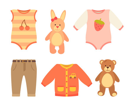 Baby Clothes and Set of Toys Vector Illustration