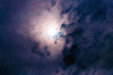 Beautiful, unusual sky. Blue clouds.The sun is behind the clouds.