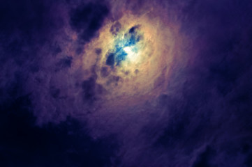 Beautiful, unusual sky. Blue clouds.The sun is behind the clouds.